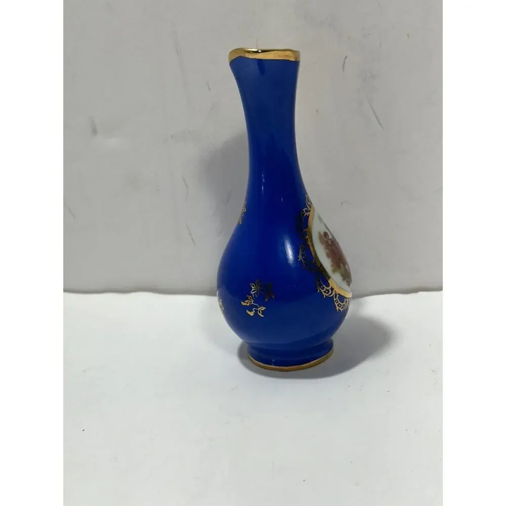 Limoges‎ France Blue Cobalt / Gold Miniature Pitcher vase W/ Courting Couple